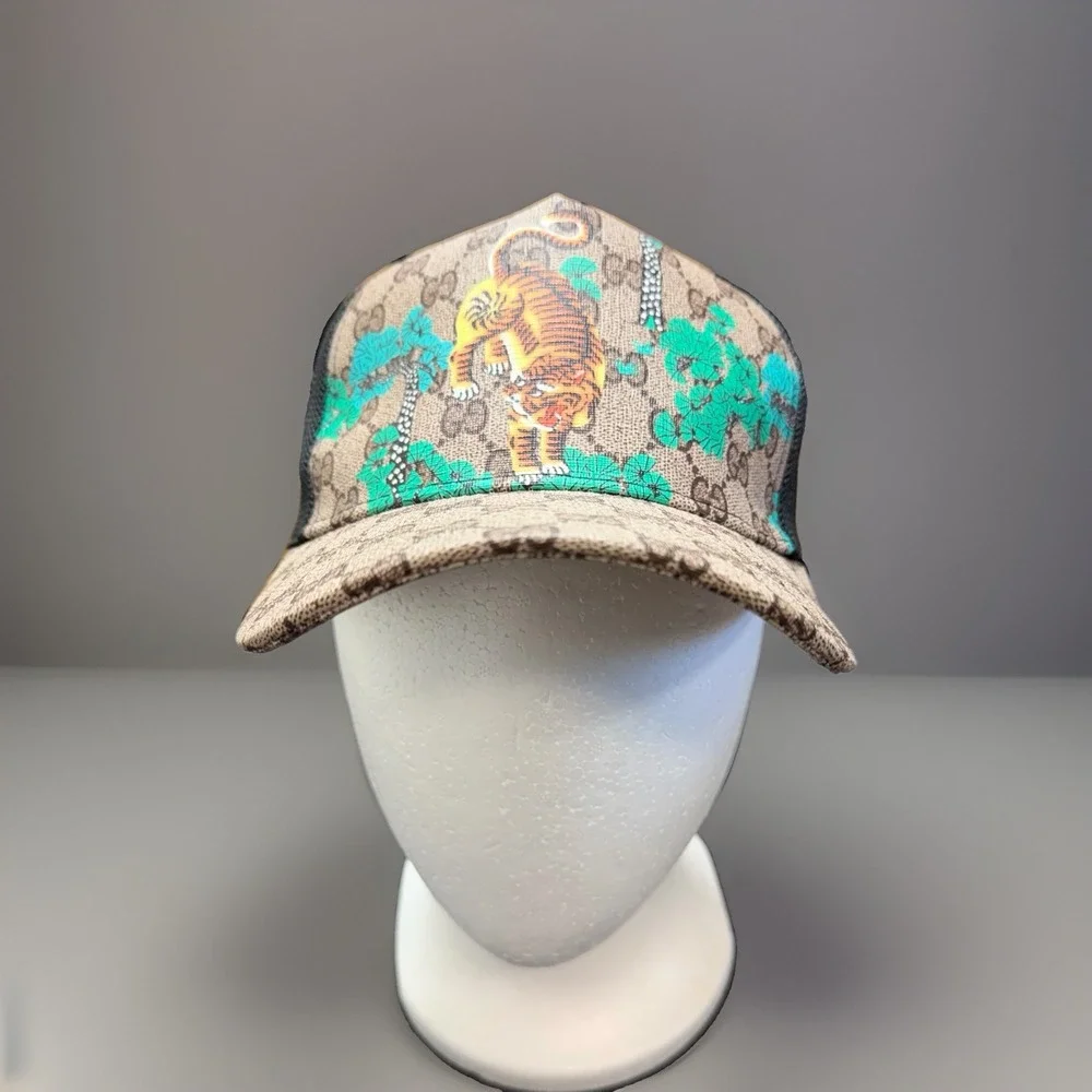 Gucci GG Monogram Tiger Print Mesh Back Baseball Cap Adjustable Beige Black